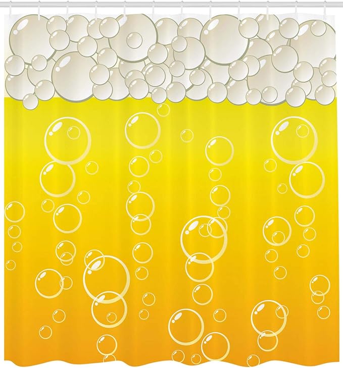 Ambesonne Abstract Shower Curtain, Close up Bubbles and Beer Macro Alcohol Drink Refreshment Graphic Illustration, Cloth Fabric Bathroom Decor Set with Hooks, 69" W x 70" L, Yellow White