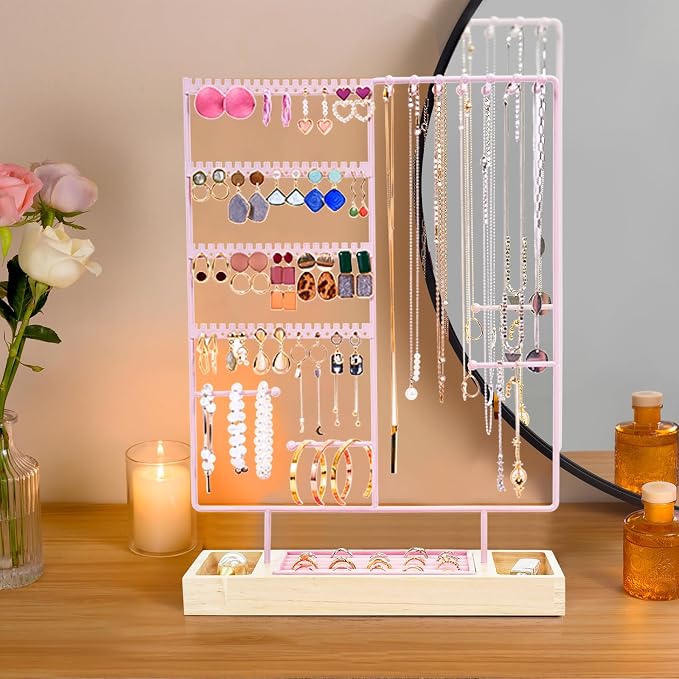 ProCase Jewelry Organizer Stand Earring Holder Organizer, 6 Tiers Earring Organizer Tree Necklace Rack Jewellery Tower Bracelets Holder Storage with Removable Wooden Ring Tray for Women Girls -Pink