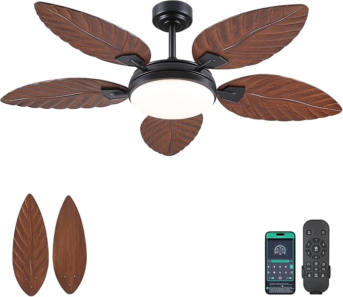 52"Brown Tropical Outdoor Palm Leaf Ceiling Fans with Lights and Remote | Supports Remote and APP, 6 Wind Speeds, Reversible, Dimmable 3CCT LED, 50W Quiet DC Motor,Suits for Living Room Bedroom Patio