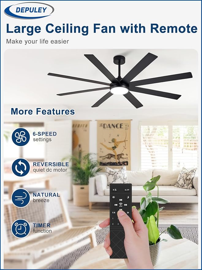 Depuley 66" Ceiling Fans with Lights: Black Indoor/Outdoor Ceiling Fan for Patios Living Room - 8 Blades Dimmable Large Ceiling Fans with Remote APP Control Timer Reversible Quiet DC Motor 6 Speeds