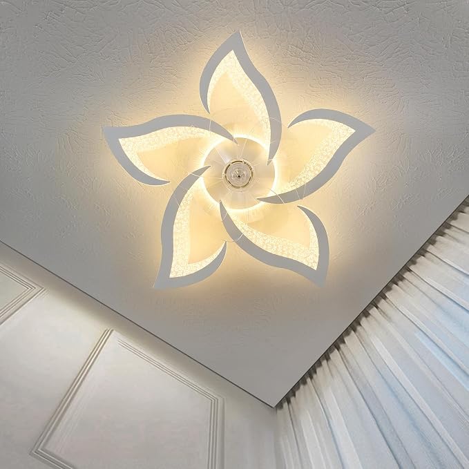 27" White Geometric Ceiling Fan with Light Remote Control, 3 Light Color 6 Speeds Flush Mount Low Profile Ceiling Fan with Light for Bedroom Kitchen