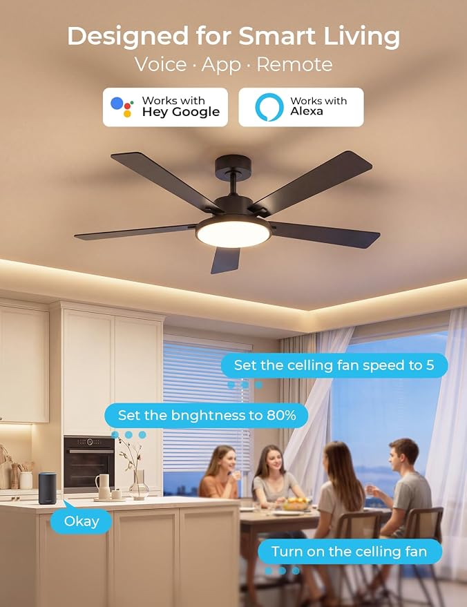 CINOTON Smart Ceiling Fan with Lights, 52'' RGBCW Ceiling Fan with Lights and Remote App Voice Control, Reversible DC Motor, 2600lm LED, 6 Speeds & 2 Fan Mode, Quiet Fan for Bedroom, Living Room Brown