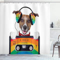 Ambesonne Popstar Party Shower Curtain, Dog Listening to Music from an Old Cassette of The 80's Colorful Headphones, Cloth Fabric Bathroom Decor Set with Hooks, 69" W x 70" L, Brown Multicolor