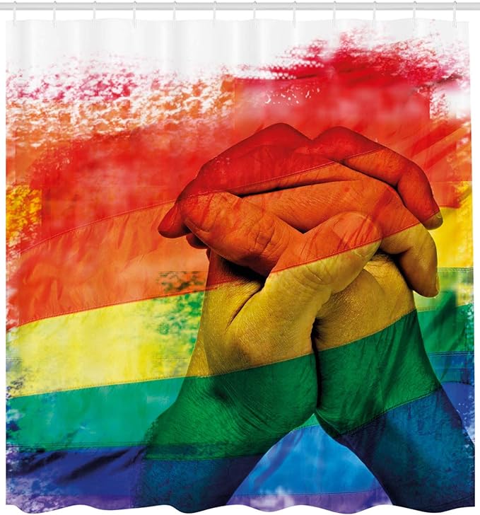 Ambesonne Pride Shower Curtain, Hands of Young Men Put Together on Abstract LGBT Parade Flag Love Wins Gay Partners, Cloth Fabric Bathroom Decor Set with Hooks, 69" W x 70" L, Multicolor White