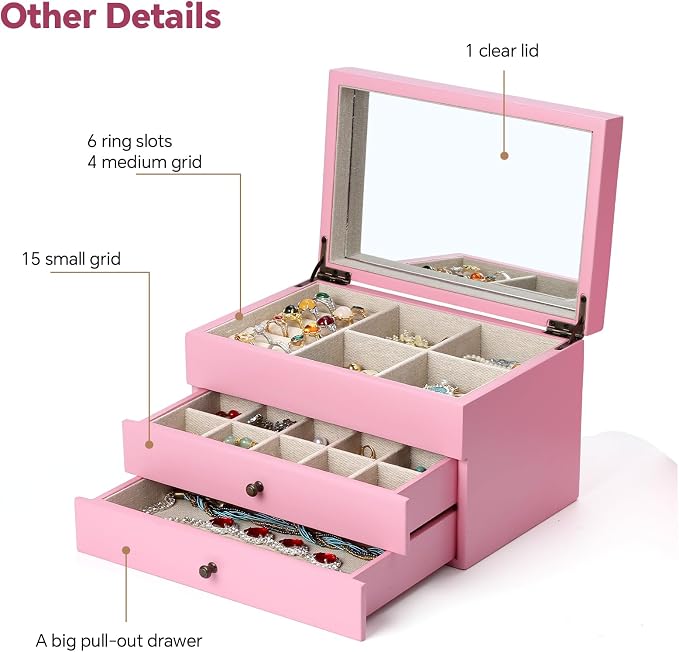 Meangood Jewelry Box Organizer for Women, 3 Layer Large Jewelry Storage Case, Rustic Wooden Jewelry Box with Mirror & Ring Tray for Necklace Earring Bracelets Rings, Vintage Style (Pink)