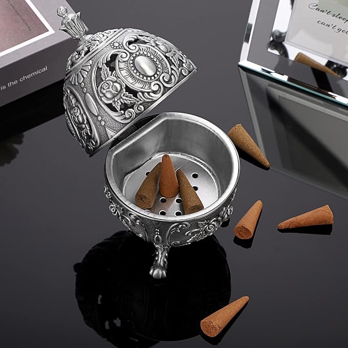 JUXYES Vintage Incense Burner Holder with Removable Ash Catchers, Metal Censer Antique Cone Coil Incense Burner Holder Zinc Alloy Spiritual Aromatherapy Yoga Meditation Gifts Retro Home Decoration
