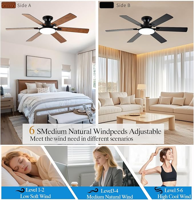 Ceiling Fans with Lights,54 Inch Low Profile Ceiling Fan with Light and Remote Control,6 Speeds/6 Blade,Flush Mount,LED Dimmable DC Reversible Modern, Brown Ceiling Fan for Bedroom/Living Room