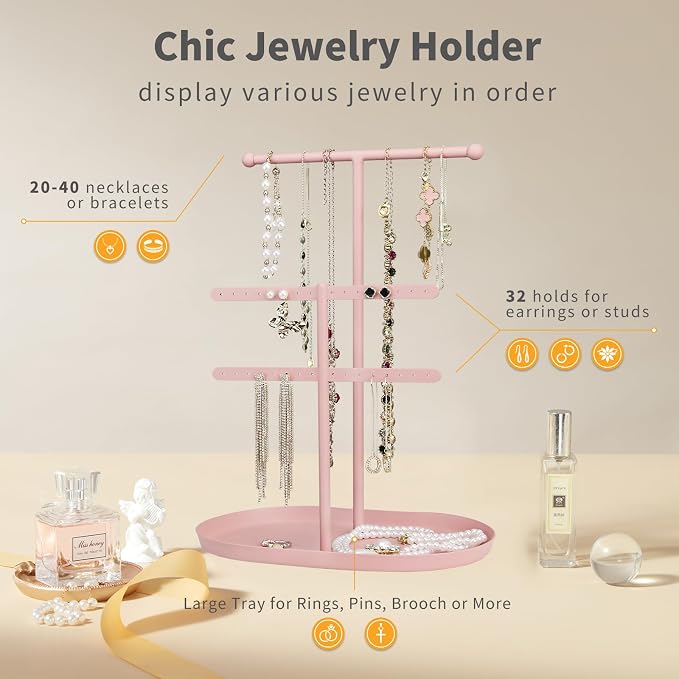 Saydear 3-Tier Jewelry Organizer Stand, Earring Holder Necklace Tree | Pink Metal Earring Rails With Top Necklace Bar, Oval Tray Base, Ideal Vanity Dresser Decor, Gift For Her