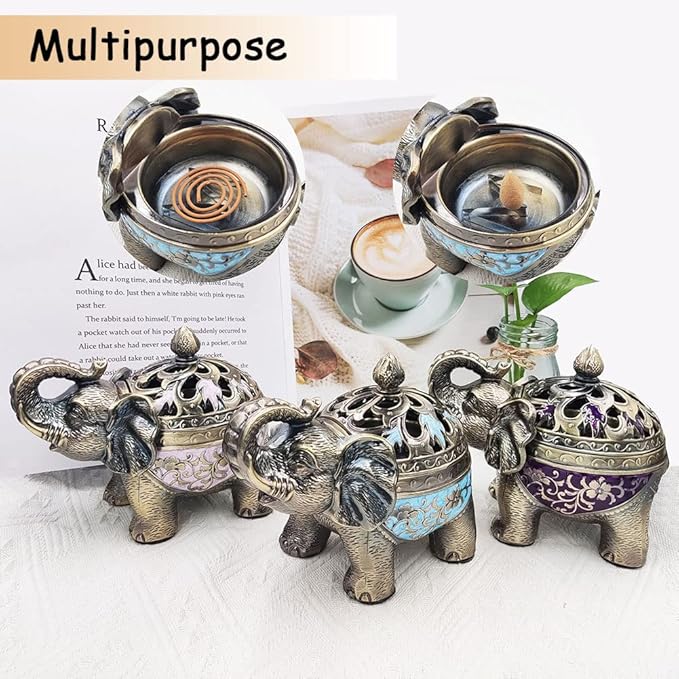 Hourwof Metal Elephant Incense Holder,Vintage Cone Coil Incense Burner with Lid,Ash Catcher,Aromatherapy Ornament Home Office Decor (Purple)