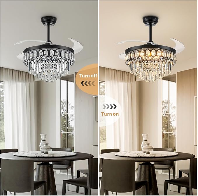 FIDGRA 48 Inch Fandelier Ceiling Fan with Light, Retractable Ceiling Fan with Lights Chandelier Fan for Bedroom, Living Room, 3 Color Temperature, 6 Wind Speed-Black