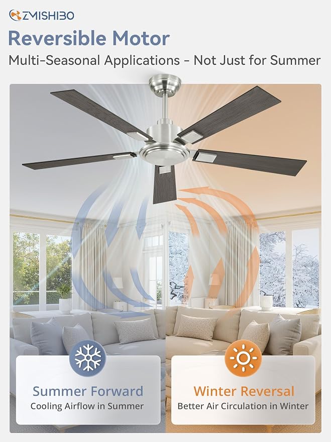 ZMISHIBO 52 Inch Ceiling Fan No Light with Remote Modern Nickel Ceiling Fan with Quiet Reversible DC Motor, 6-Speeds 5 Blades, Indoor/Outdoor Ceiling Fans Without Light for Patios, Living Room, Garage