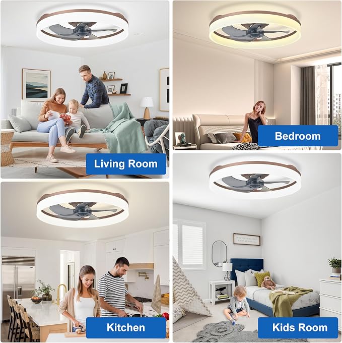 DLLT LED Ceiling Fan with Light: 20" Modern Low Profile Flush Mount Fandelier with App & Remote Control - Dimmable Brown Bladeless Fan Light Fixture for Bedroom Kids Room Living Room