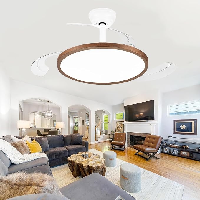 42 Inch Retractable Ceiling Fan with Lights, Fandelier Ceiling Fan for Bedroom Living Room Dinning Room, Chandelier with Fan 6 Speed, 3 Color Temperature, Reversible DC Motor-White