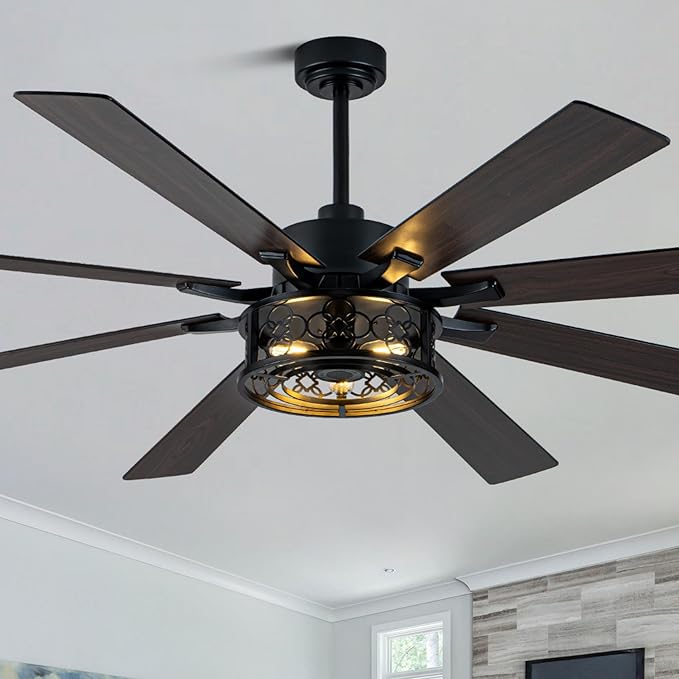 72" Farmhouse Ceiling Fan with Lights Remote Rustic Ceiling Fan | Black Caged Fandelier, Industrial Chandelier Light for Living Room Covered Porch, 8 Dual Blades Reversible DC Motor 6 Speeds