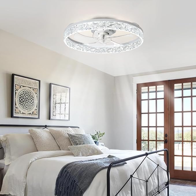 Depuley Ceiling Fans with Lights and Remote: Full Package 20" Modern Low Profile Flush Mount LED Ceiling Fan for Bedroom App Control - White Crystal Bladeless Fandelier for Laundry Room Kitchen
