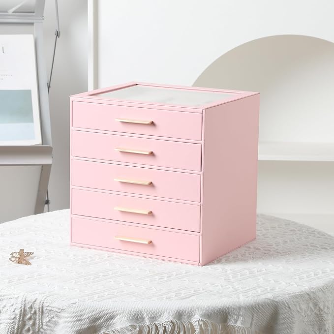 Frebeauty Jewelry Box for Women,Clear Lid Jewelry Organizer with 5 Drawers | Faux Leather,Velvet Lining,5-Layer Large Capacity,Jewelry Storage for Rings Earrings,Dustproof Design,Golden Stylish Handle