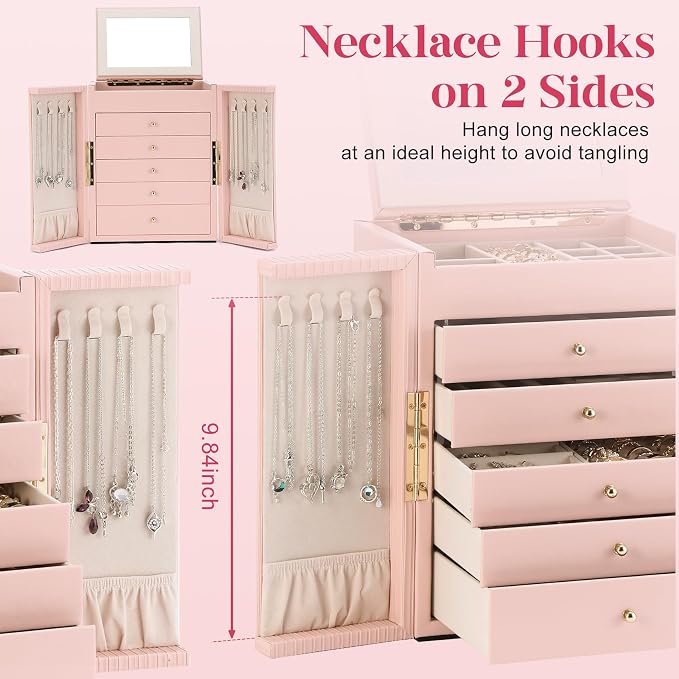 Dajasan Large Jewelry Organizer Box, 6-Tier Jewelry Storage Case with 5 Drawers, Jewelry Boxes for Women Girls with Mirror, Double Door, Textured PU Leather, Gift Idea, Stylish (Pink + Gold)