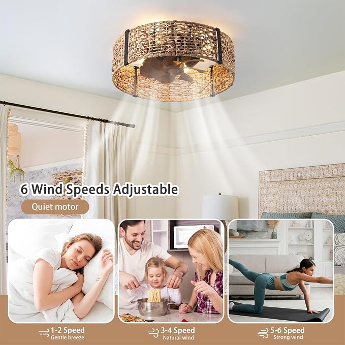 Ganeed 20" Boho Fandelier Ceiling Fan with Light, Rattan Caged Ceiling Fan with Light and Remote Control, Quiet Reversible Motor Enclosed Low Profile 6 Speeds for Bedroom Living Room Porch Kids Room