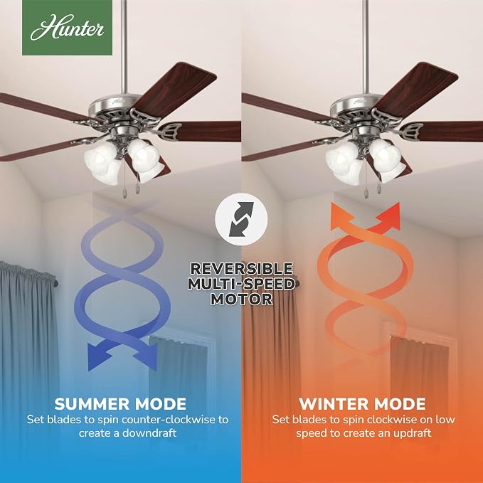 Hunter Studio Series, Indoor, Ceiling Fan, Quiet, 52 inch, Brushed Nickel | with LED Lights and Pull Chain, Standard Mount, 5 Blades, For Bedroom, Living Room, Kitchen, 53064