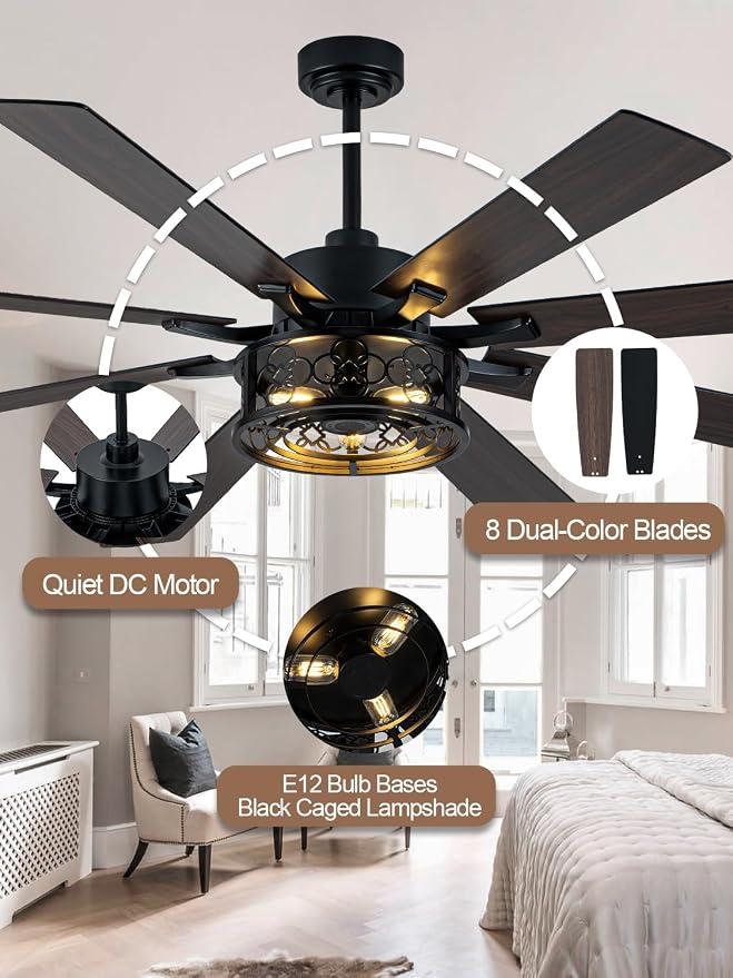 72" Farmhouse Ceiling Fan with Lights Remote Rustic Ceiling Fan | Black Caged Fandelier, Industrial Chandelier Light for Living Room Covered Porch, 8 Dual Blades Reversible DC Motor 6 Speeds