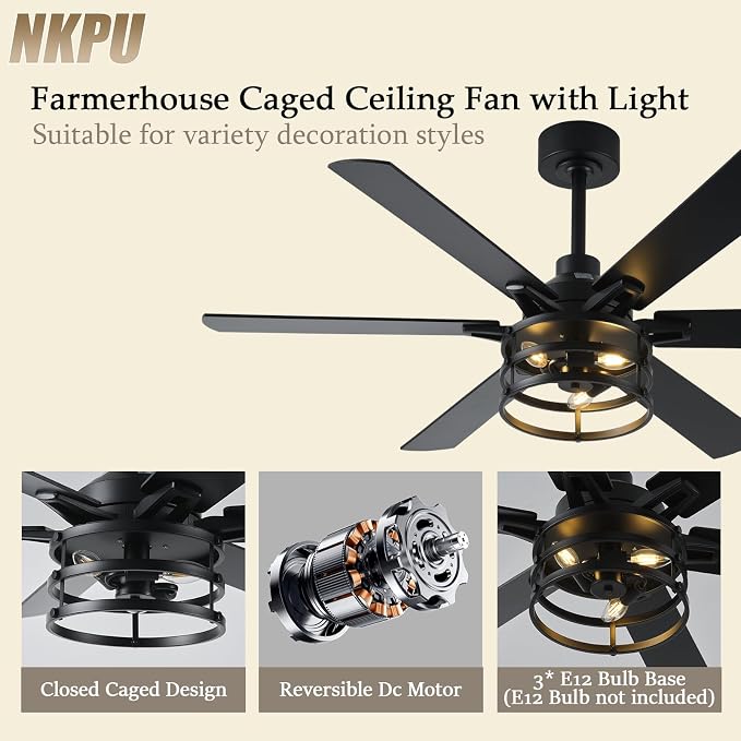 NKPU 52 Inch Farmhouse Ceiling Fan with Light and Remote, Black Industrial Caged Rustic Ceiling Fan with 6 Speed Reversible Motor and Dual Finish 6 Blades, Rustic Ceiling Fan for Living