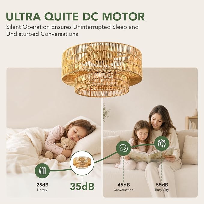 20" Boho Caged Ceiling Fan Light with Remote, Rattan Fandelier Ceiling Fan | Flush Mount Ceiling Fan, 6 Wind Speeds, Reversible, Enclosed Ceiling Fan for Bedroom, Living Room, Dining Room, Nursery