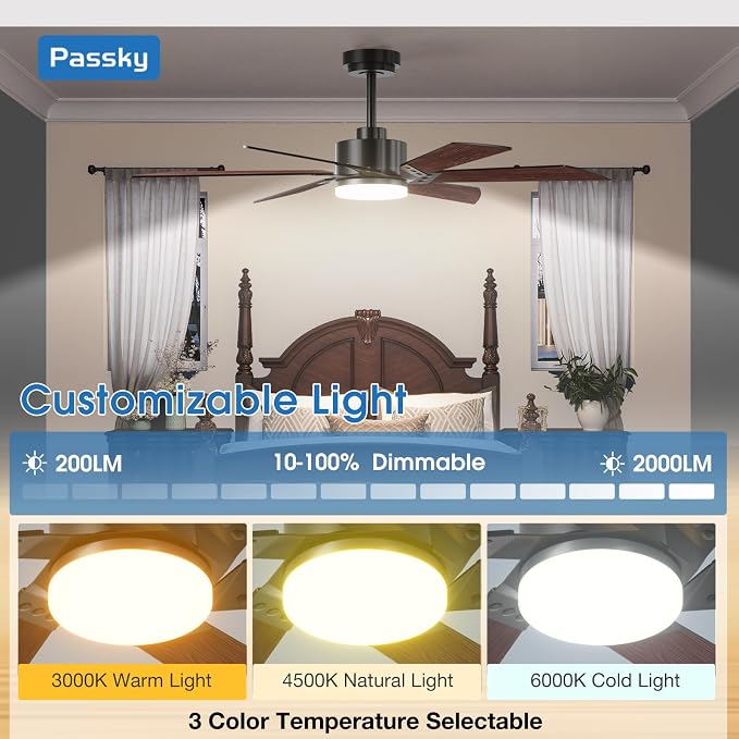 Passky Ceiling Fans with Lights, 52 inch Ceiling Fan with Light and Remote Control, 3CCT, Dimmable, Reversible, Noiseless, Black Contemporary Ceiling Fan for Bedroom, Living Room