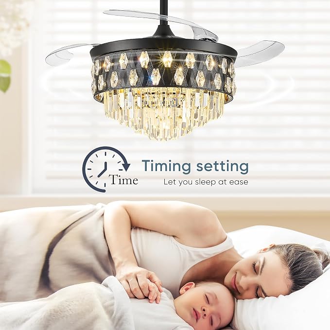 42'' Fandelier Ceiling Fan with Light, Chandelier Ceiling Fans with Lights, Crystal Ceiling Fans for Bedroom Living Room, LED Dimmable, 6 Wind Speed,3 Color Temperatures-9052 Black