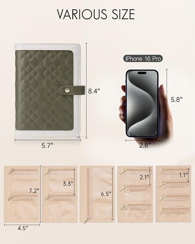 VLANDO Travel Jewelry Organizer Case,Mom Gifts from Daughter,Jewelry Storage Book Ring Binder with Clear Zipper Velvet Jewelry Pouch Bag,Travel Essentials for Rings,Necklace,Earrings-Olive Green