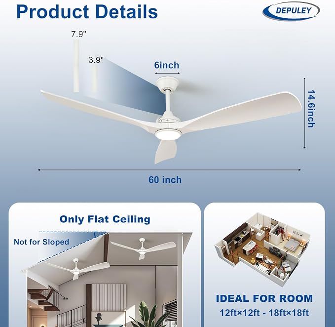 Depuley 60-Inch Ceiling Fan with Light: White 3 Blade Outdoor Fans for Patios - Dimmable Indoor Fan with Remote Control Fandelier Ceiling Fans for Living Dining Room Reversible 6 Speed
