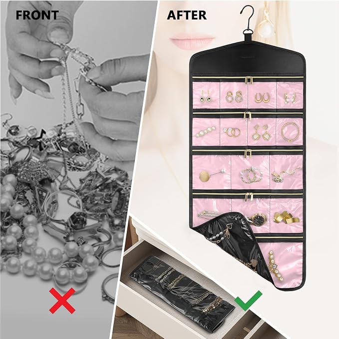 CHICECO Travel Jewelry Holder Organizer,Hanging Jewelry Organizer Storage with Zippered Pockets for Cloest,Jewelry Holder for Earrings, Necklaces (Pink Black)