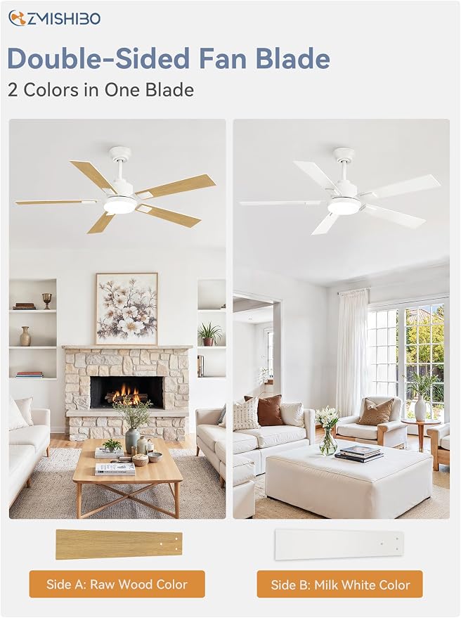 ZMISHIBO 52 inch White Ceiling Fans with Lights and Remote, Indoor/Outdoor Modern Ceiling Fan for Bedroom Living Room Patio, 6 Speed Reversible Quiet DC Motor, 3 CCT, Dual Finish Blades