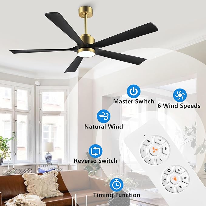 ELEHINSER 52" Modern Ceiling Fan with Light and Remote Control, 5 Solid Wood Blades 6-Speed Noiseless Reversible DC Motor, for Bedroom Dinning Living Room, Gold Finish with Black Blades