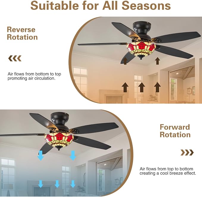 Tiffany Ceiling Fans with Lights - 52" Ceiling Fan Chandelier with 5 Dual-Blades and Glass Shade, 6 Speeds and Reversible, Indoor and Outdoor, Retro Style