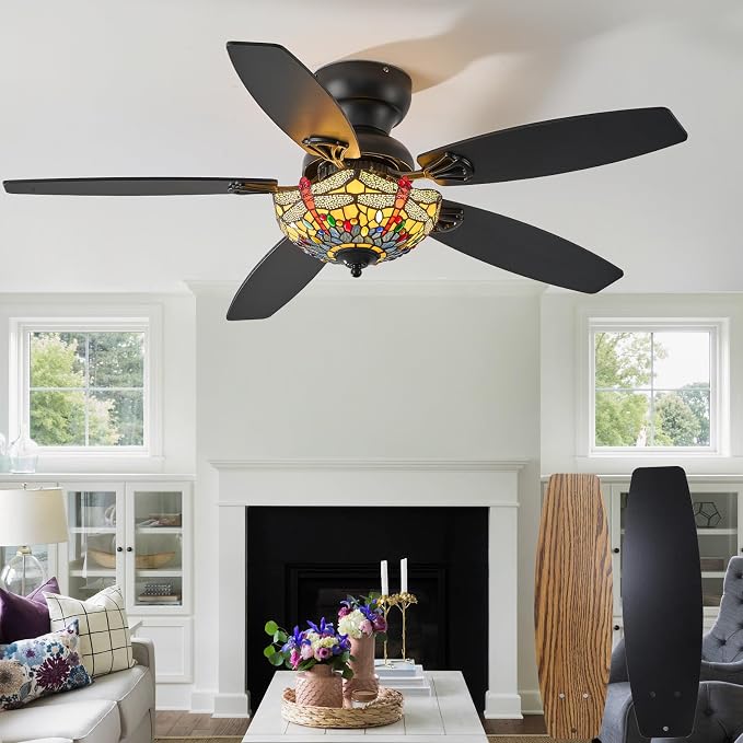 Tiffany Ceiling Fans with Lights - 48" Ceiling Fan Chandelier with 5 Dual-Blades and Glass Shade, 6 Speeds and Reversible, Indoor and Outdoor, Retro Style