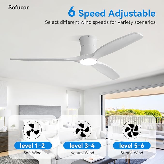 Sofucor 52 Inch Low Profile Ceiling Fan with Lights and Remote | Outdoor Modern Flush Mount, 6-Speed 3-CCT with Timer, 3 Wood Blades, For Bedroom Living Room Patios