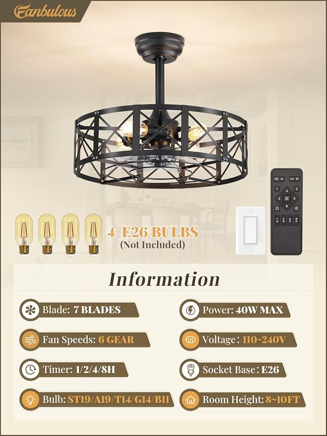 Fanbulous 20 Inch Fandelier Caged Ceiling Fans with Lights and Remote, Black Bladeless Ceiling Fan with 6 Speeds and Timing, Farmhouse Samll Fan Lights Ceiling Fixtures for Kitchen, Bedroom-Black