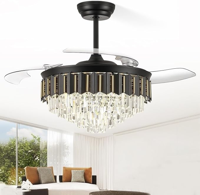 52 Inch Chandelier Ceiling Fan, Fandelier Retractable Ceiling Fan for Bedroom Living Room, 3 Color Tempeature, 6-Speed Reversible Motor, Timer & Memory Function-Black