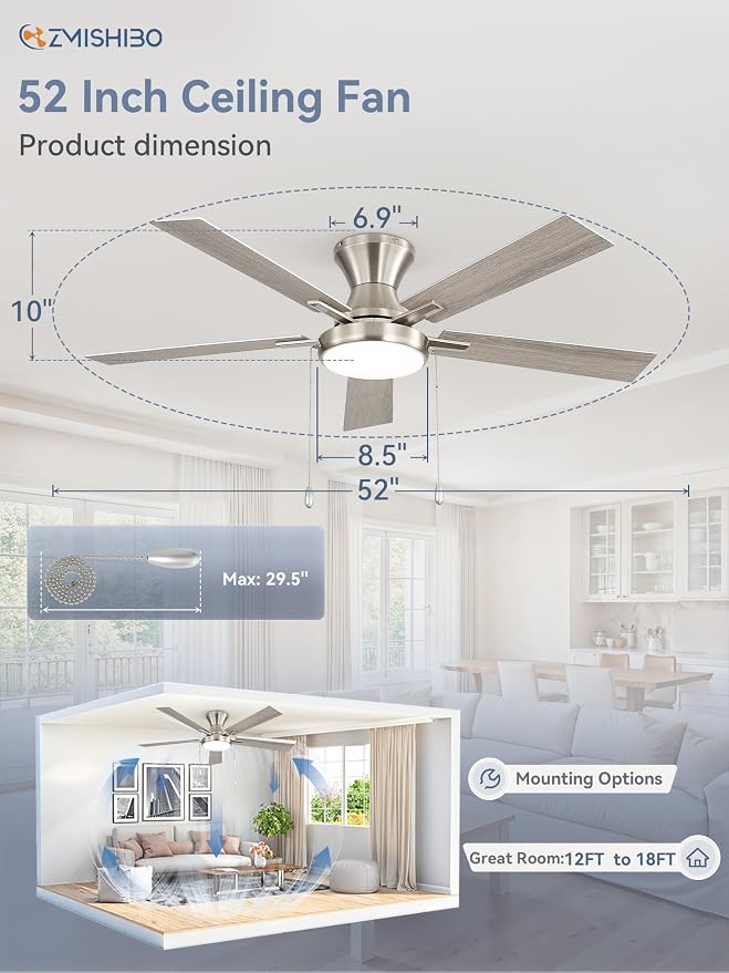 ZMISHIBO Ceiling Fans with Lights, Low Profile Ceiling Fan with Pull Chain and Remote Control, Flush Mount, Reversible, Dimmable, Noiseless, White Pull Cord Ceiling Fan for Bedroom(52inch Nickel)