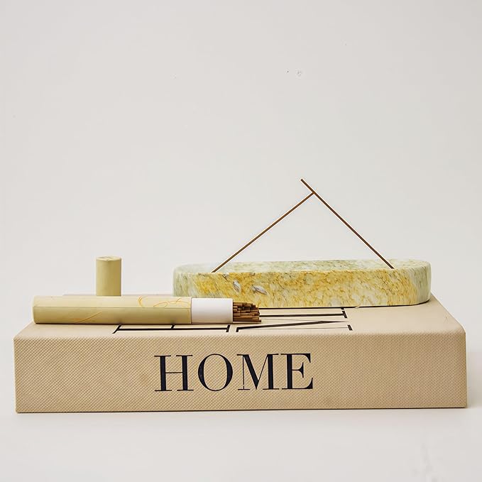 Marble-Patterned Concrete Incense Holder, with A Box of Jasmine Incense, 7.1 Inch Catches Falling Incense Ash, A Poetic and Artistic Gift for Yoga＆Meditation(GreenYellow)
