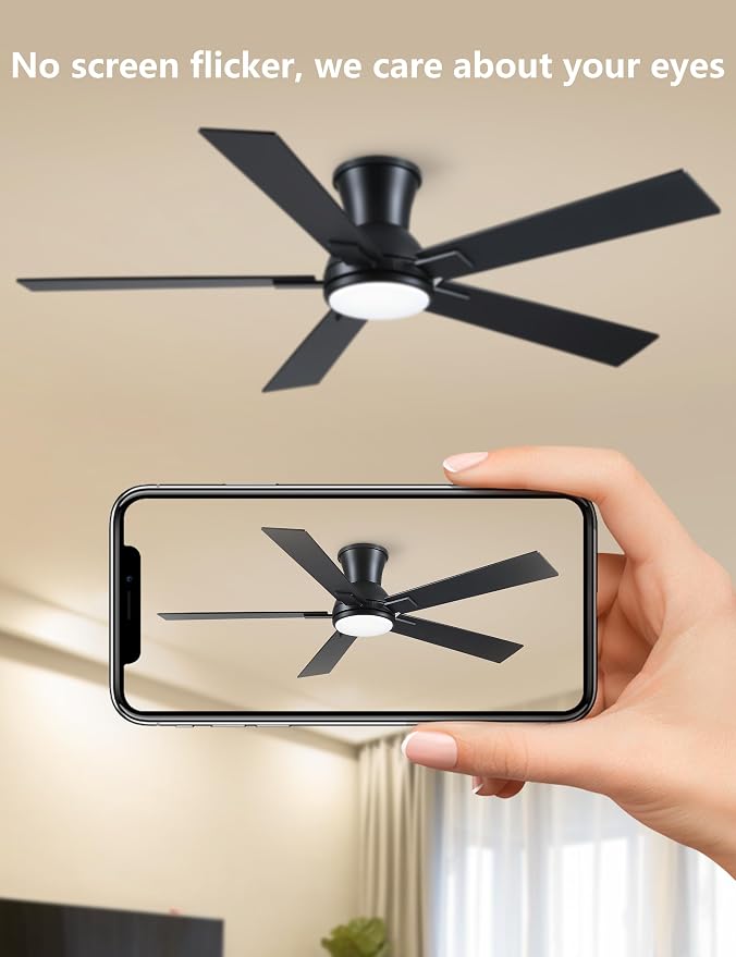 52 Inch Black Flush Mount Ceiling Fan with Light, 3CCT Dimmable LED, 6-Speed Remote Control, Reversible Motor,Quiet Low Profile Energy-Efficient for Bedroom & Living Room,ETL Listed