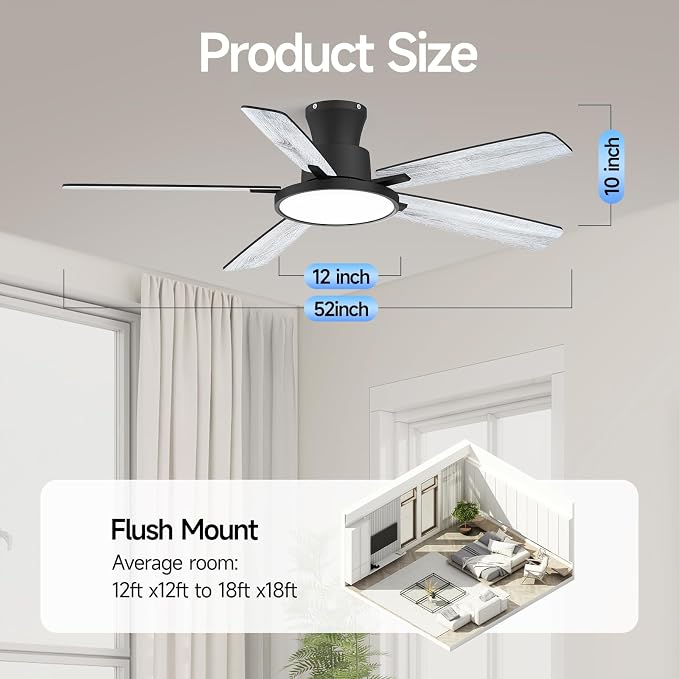 Ceiling Fans with Lights,52 inch,Quiet,Reversible Motor,Dimmable, Adjustable Color Temperature,6 Speeds,Timer, Low Profile Ceiling Fan for Bedroom,Living Room,Indoor/Outdoor Use(Gray)