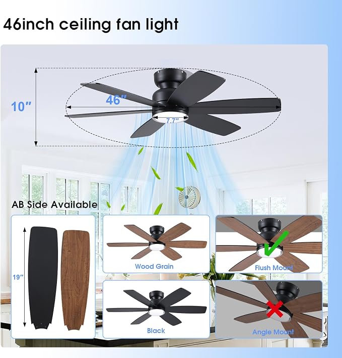 Kviflon 46" Rustic Ceiling Fans with Lights, Low Profile Flush Mount Ceiling Fan with Remote/APP Control, 6 Reversible Double-sided Blades, 3 CCT Dimmable LED Lights for Living Room Farmhouse, Brown
