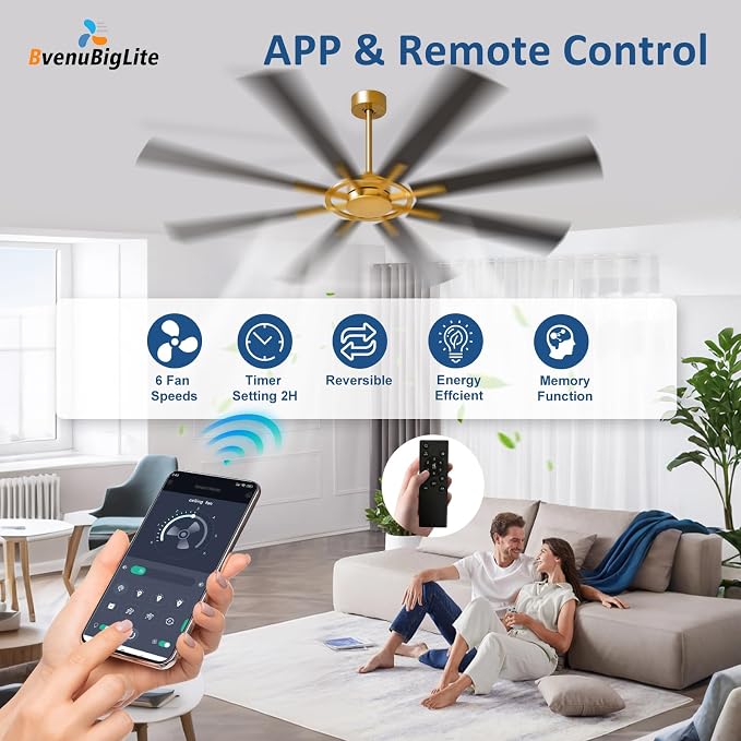 Large Ceiling Fan No Light: Modern 72 Inch 8 Blade Outdoor Ceiling Fans with Remote APP Control - Black Gold Big Fan without Light Indoor Reversible 6 Speed Quiet DC Motor