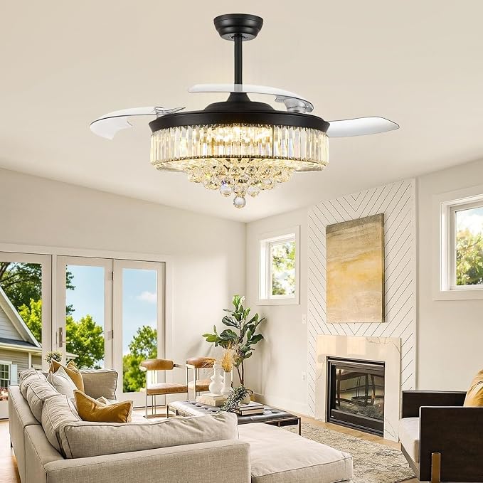 FIDGRA 52 Inch Fandelier Ceiling Fan with Light, Retractable Chandelier Fan, 3 Color Temperature, 6 Wind Speed, Crystal Ceiling Fan for Bedroom Living Room Dining Room-Black
