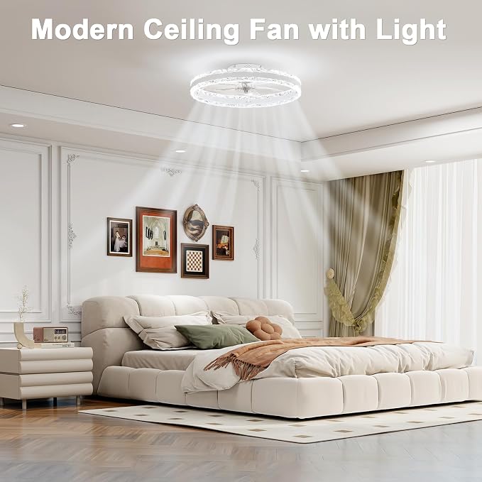 VOLISUN Low Profile Ceiling Fans with Light and Remote, 23.6in Fandelier Ceiling Fan with Light, 3000K-6500K Dimmable Flush Mount LED Ceiling Fan Light, White Modern Ceiling Fan Light for Bedroom