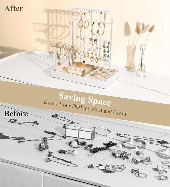Emibele Jewelry Necklace Holder, 5 Tier Jewelry Organizers and Storage | Earring Bracelet Holder, Jewelry Display with Metal Frame Velvet Ring Tray, Aesthetic Jewelry Stand Gifts for Women, White