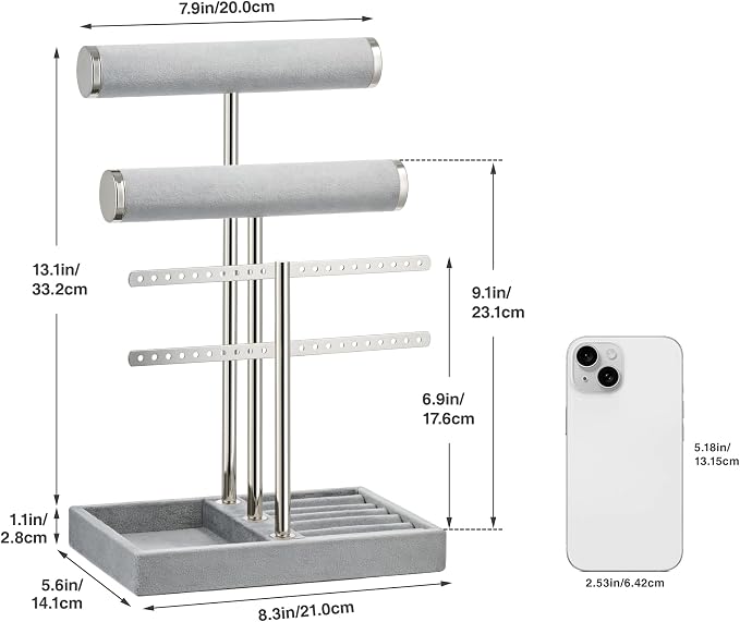Jewelry Organizer Stand for Necklaces, Bracelets, Earrings, Rings, Grey | 3 Tier Velvet Bracelet Holder Display | Jewelry Organizers and Storage | Jewelry Tree | Jewelry Towers