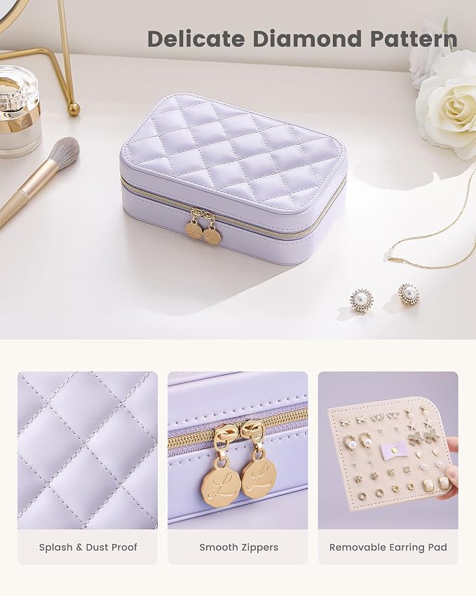 Lolalet Travel Jewelry Case for Women Girls, PU Leather Jewelry Organizer with Clear Storage Bag Small Portable Jewelry Box for Necklace Bracelet Earring Ring Birthday Bridesmaid Gifts -Medium/Purple