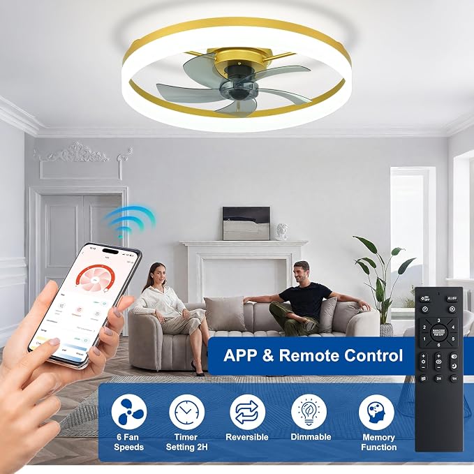 DLLT Bladeless Ceiling Fans with Lights: 24 Inch Modern Flush Mount Low Profile Ceiling Fan with APP Remote Control - Gold Enclosed LED Fandelier Dimmable Quiet DC Motor for Bedroom Living Room